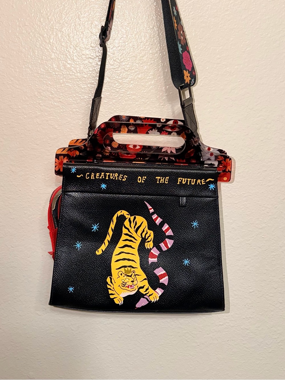 MIN & MON Vali Black Leather Creatures of Future Tiger Crossbody Bag NWOT